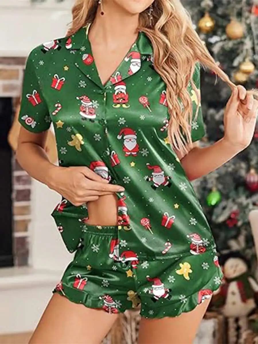 Women Christmas Pajama Set Short Sleeve Santa Print Satin Shirt Ruffle Shorts Sleepwear
