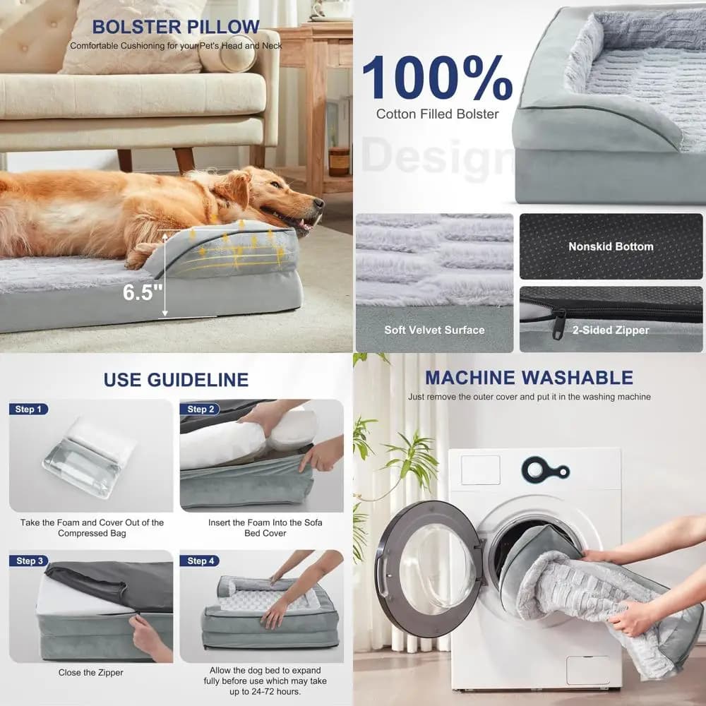 Divano letto per cani ortopedico impermeabile XL - Divano in schiuma di supporto per cani di grandi dimensioni con rivestimento rimovibile, lavabile, base antiscivolo, grigio chiaro