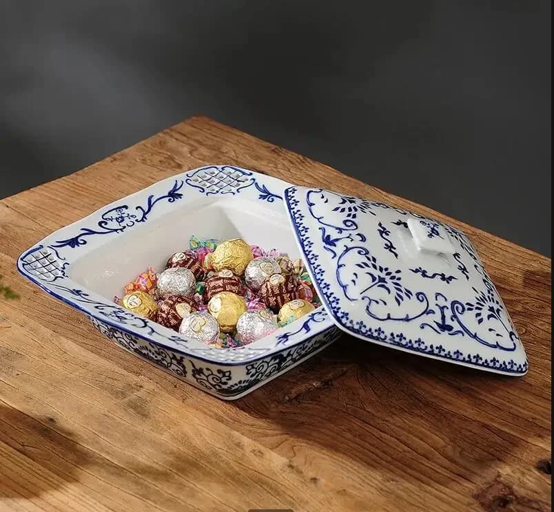 Piatto in porcellana bianca e blu Piatti da frutta in ceramica Vassoio per snack Scatola quadrata ovale essiccata Insalatiera Cena
