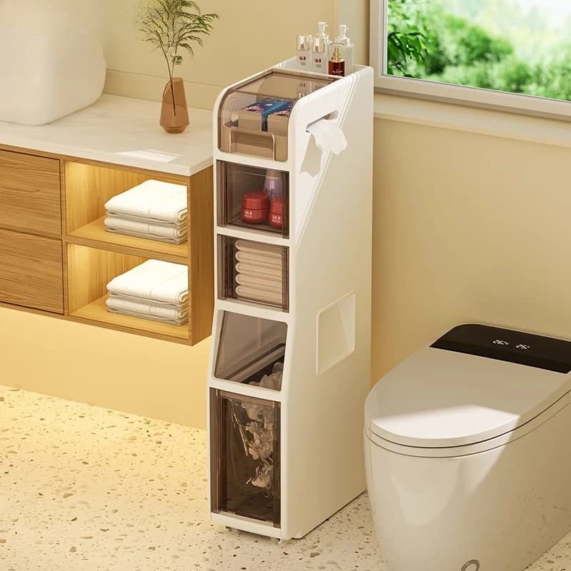 Mobiletto per fessure per WC con pattumiera, tipo cassetto per bagno, mobiletto ultra stretto per WC