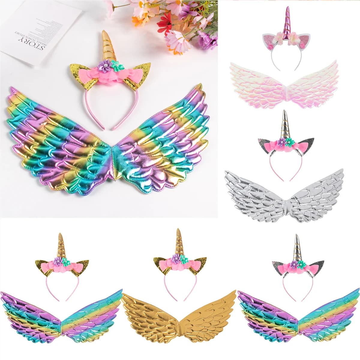 Fascia per capelli con unicorno, fata, arcobaleno, ali, fiori, copricapo, accessorio, decorazione per festa di compleanno, unicorno, principessa, vestire giocattoli