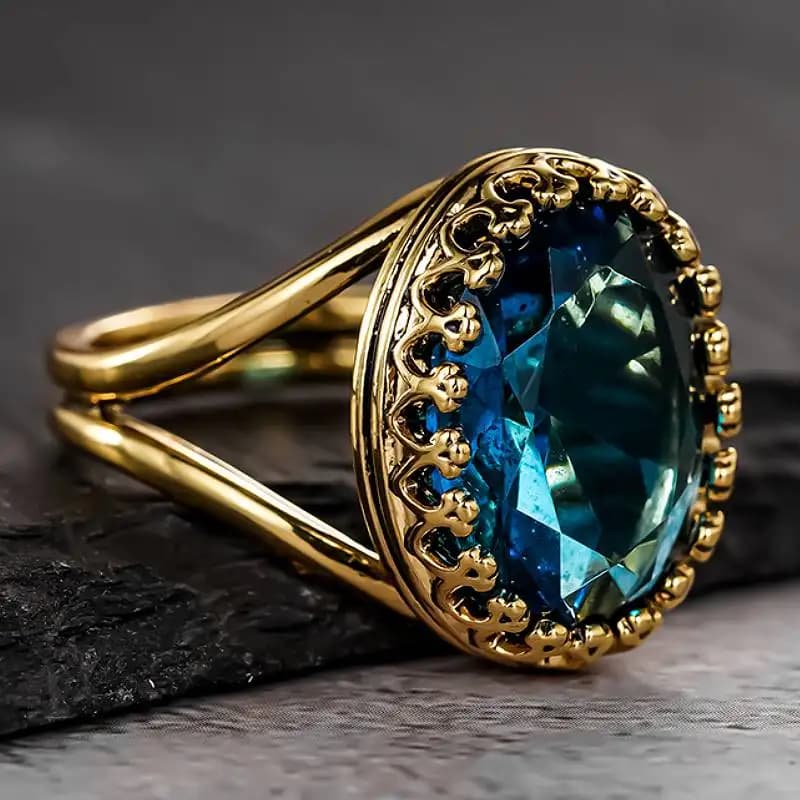 Anello da donna Huitan di lusso color oro con brillante zirconia cubica blu ovale, elegante accessorio classico da sposa per feste affascinanti