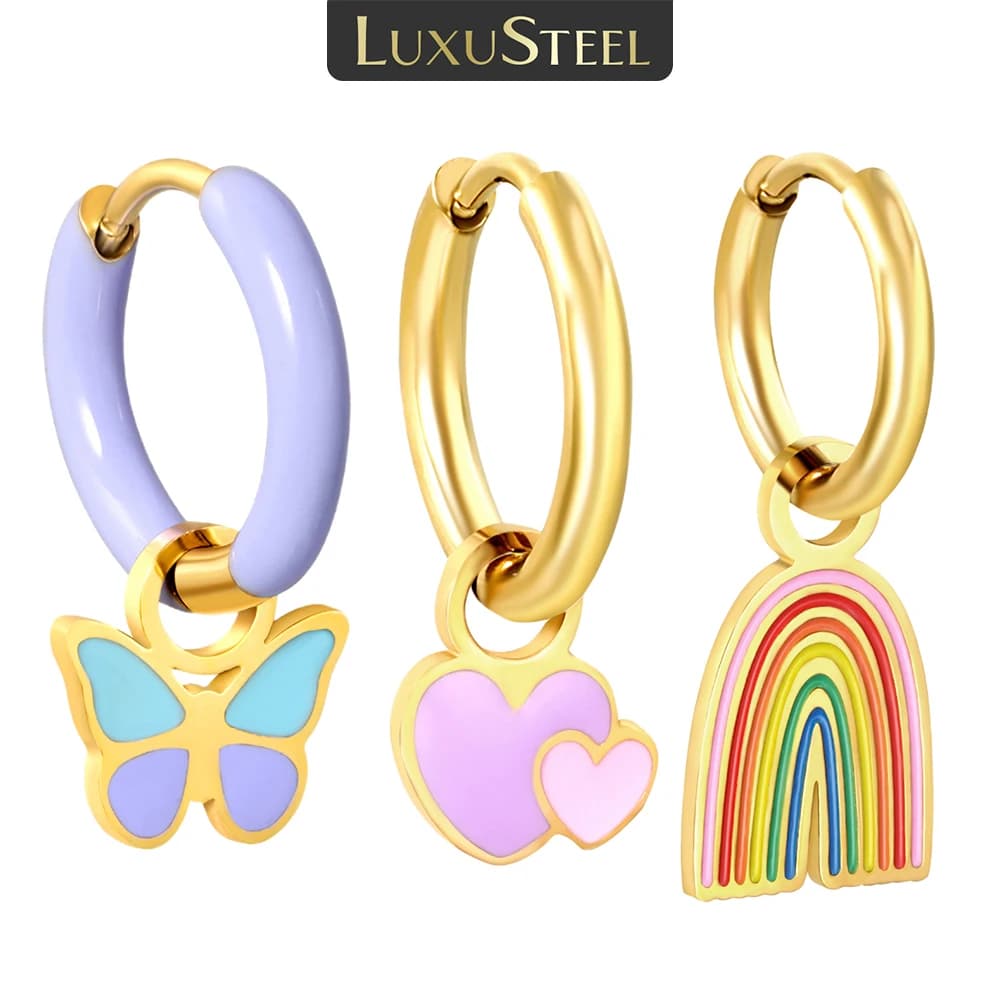 LUXUSTEEL 1 Pairs Butterfly Heart Rainbow Earring for Women Stainless Steel Dripping Oil Female Hoop Earrings Jewelry Party Gift