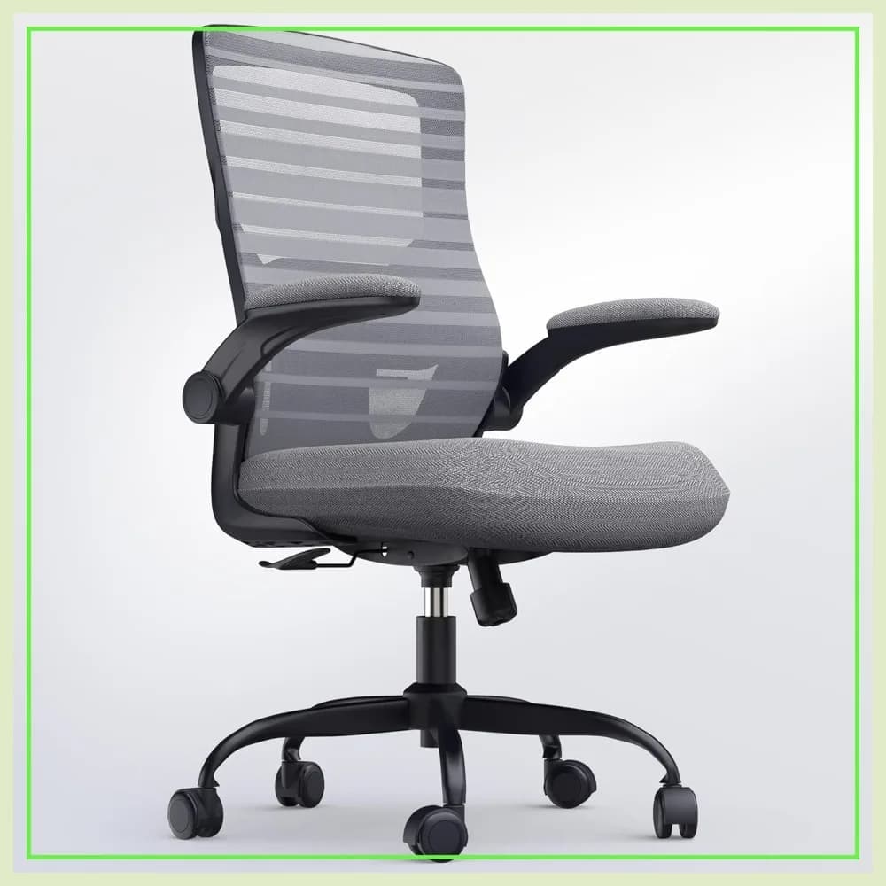 Sedia da ufficio ergonomica per lunghe ore di lavoro e sollievo dal mal di schiena – Cuscino in schiuma modellata da 4 pollici, supporto lombare, braccioli imbottiti ribaltabili, grigio scuro