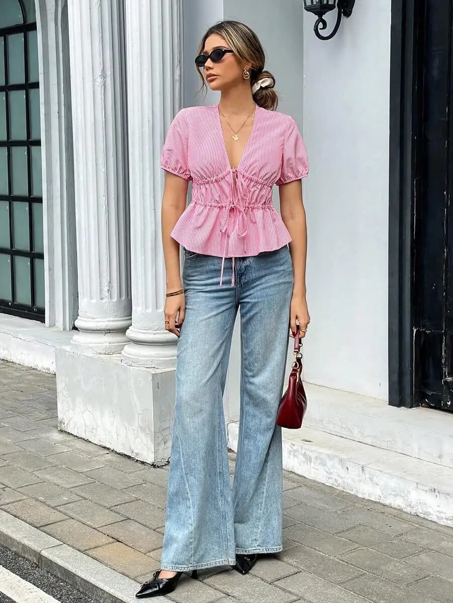 Pink Striped V-Neck Ruffle Hem Short Sleeve Casual Blouse With Drawstring Waist