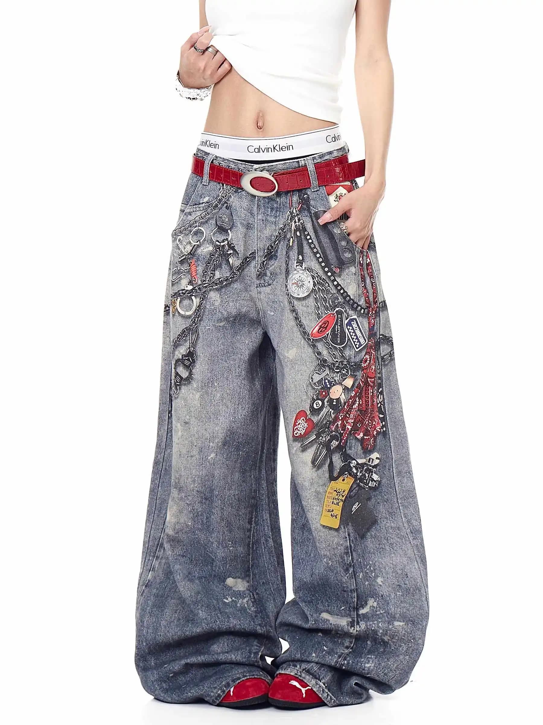 Jeans da donna Y2k larghi con stampa graffiti Pantaloni in denim vintage Harajuku Pantaloni jeans hip-hop oversize stile giapponese anni 2000