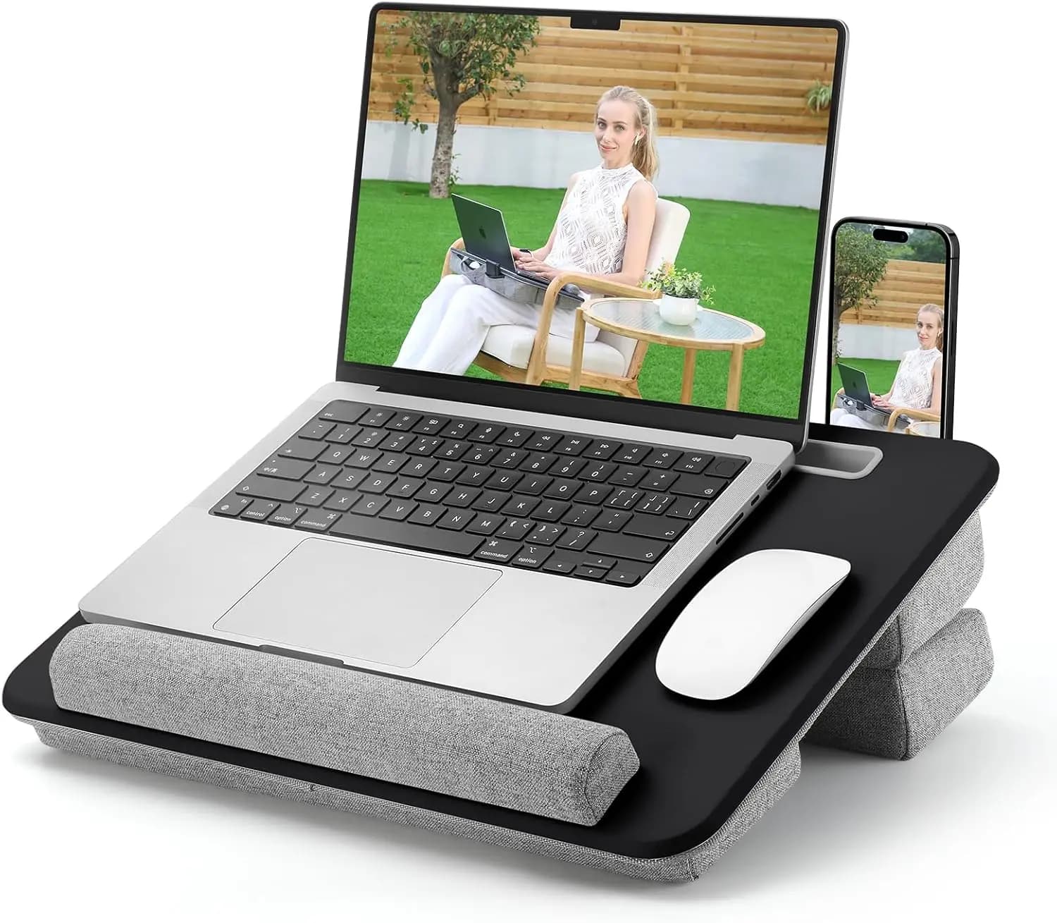 Scrivania regolabile con cuscino, portaoggetti e supporto per tablet per laptop da 15,6".