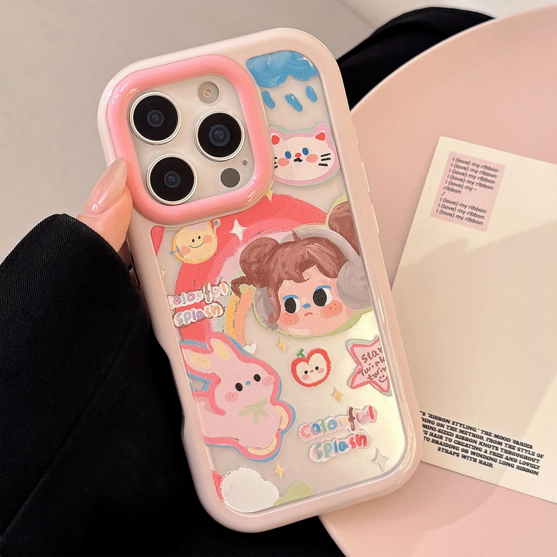 Cover Rigida Antiurto per iPhone 17 Air 16 15 14 13 12 11 Pro Max XS XR X con Graffiti Coniglio Ragazze Arcobaleno Cartone Animato Coreano