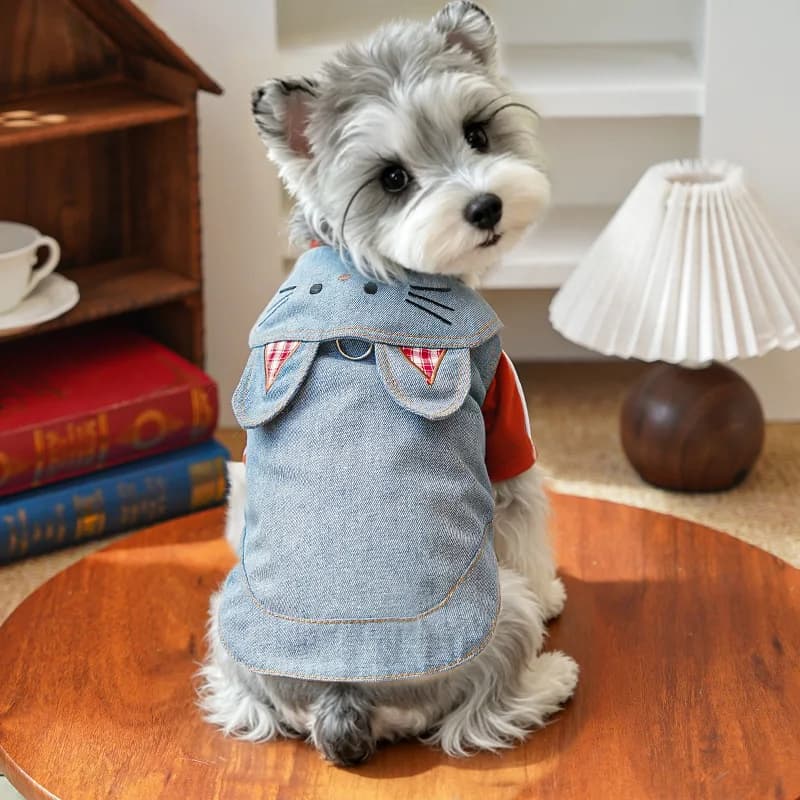 Cute Pet Clothes Christmas Autumn/Winter Embroidered Denim Jackets for Cats – Snap-Button Harness-Style Pet Coat For Teddy