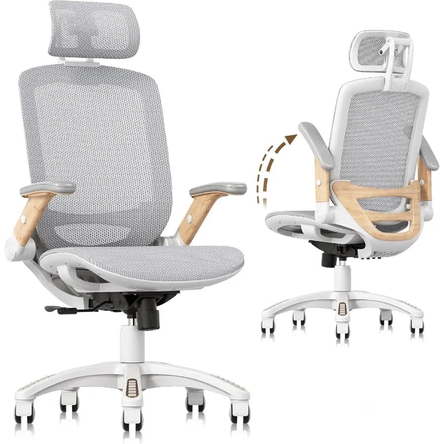 Ergonomic office chair Desk chair for the house with high backrest with folding armrests Poggiatesta 90120 Inclination and large pillow Chair in white network of 400 pounds