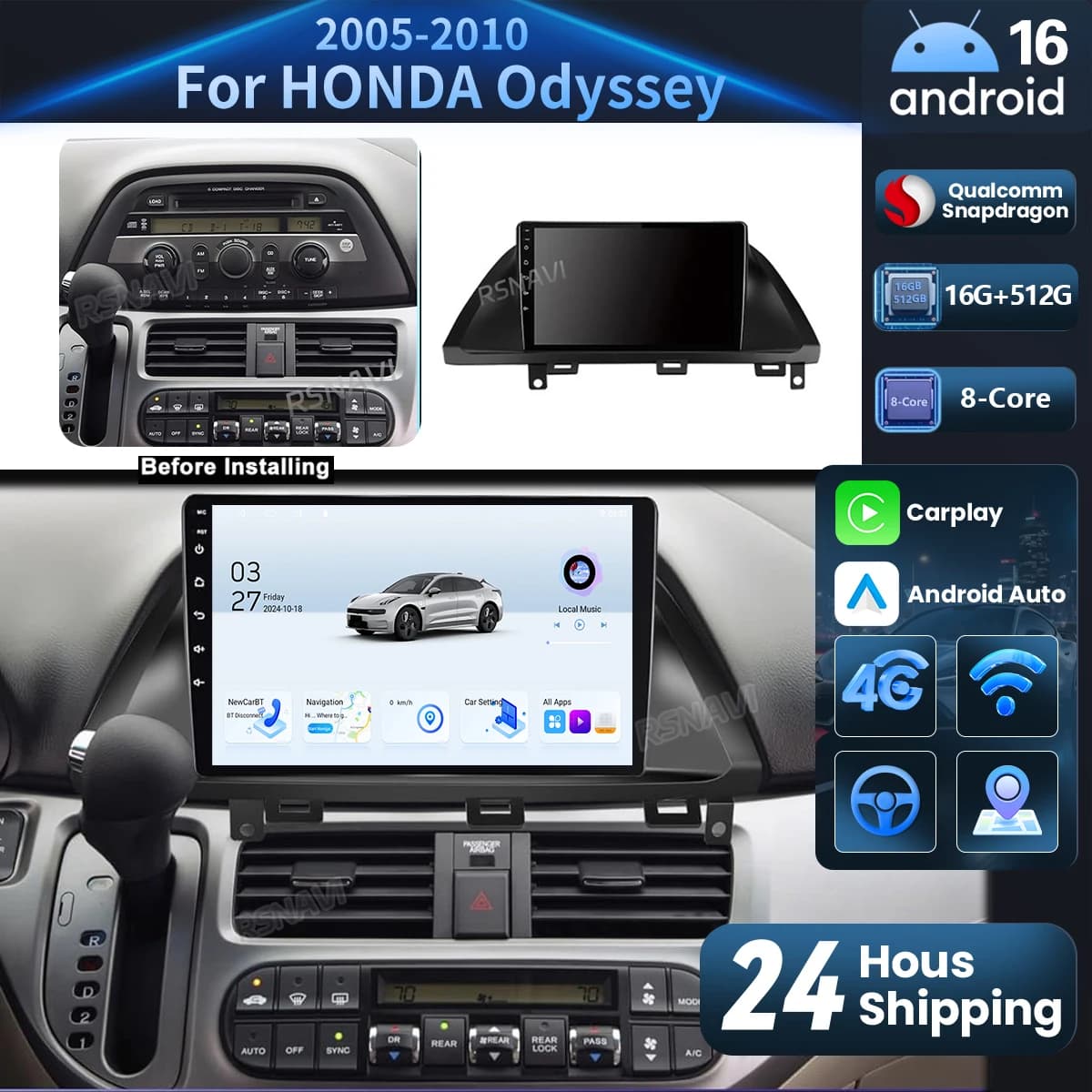 Android 15 Carplay Auto 2K Schermo Autoradio Lettore Multimediale Per Honda Odyssey 2005 - 2010 2din DSP Autoradio Stereo Qualcomm