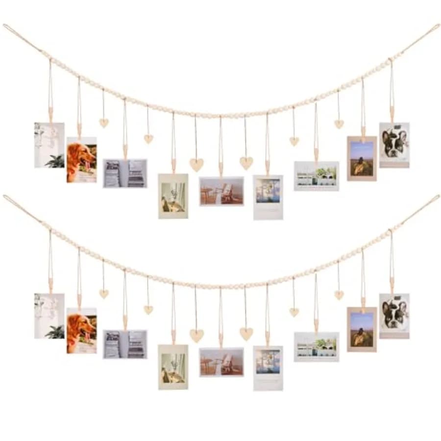 Espositore per Foto da Appendere, Decorazione Murale Boho, Cornice Collage per Biglietti di Natale, Appendifoto con 9 Clip in Legno e 6