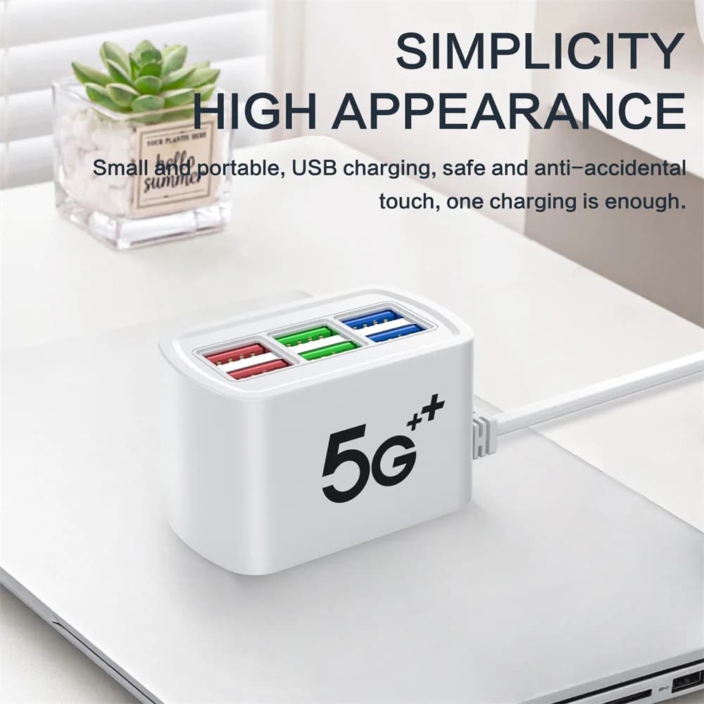 Caricatore USB Veloce a 6 Porte, Multipresa Universale 6 in 1, Stazione di Ricarica Desktop con Cavo da 1m, Adattatore HUB per Casa e Ufficio