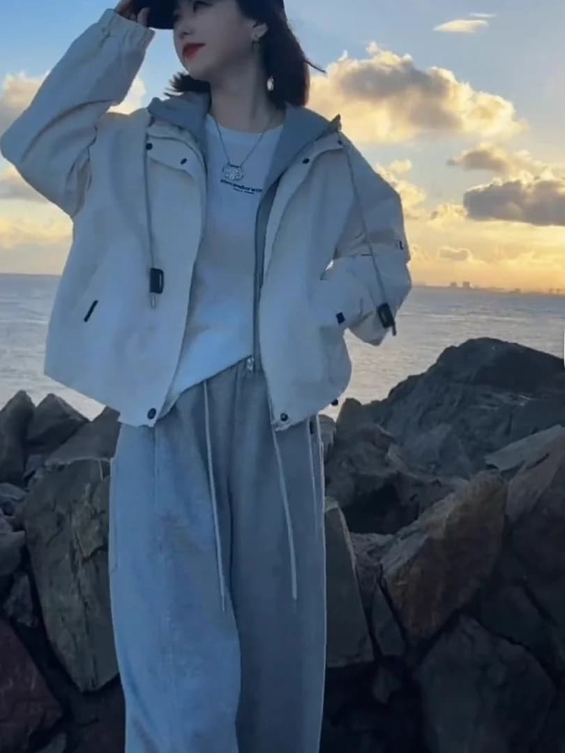 Casual Women's Jacket 2025 Autumn New Style Hooded Drawstring Workwear Korean Style Fake Two-Piece Versatile Top Coat