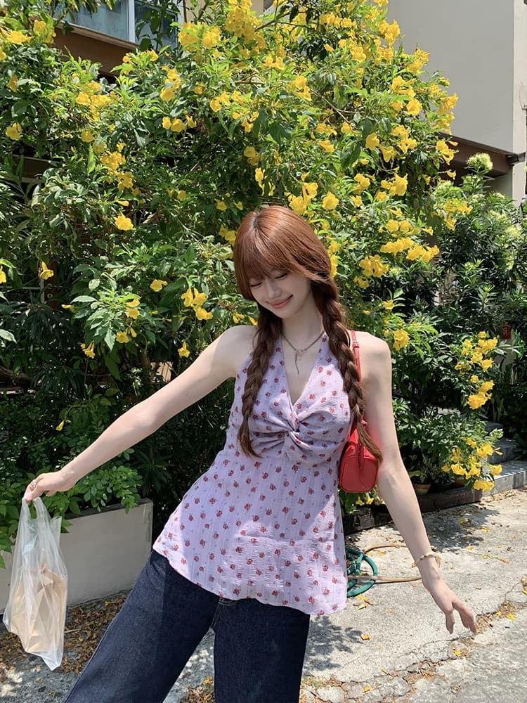 Summer Women's Floral Print Halter Dress V-Neck Layered Korean Style Top Polyester Fiber Slim Fit Casual Wear Neck Hanging