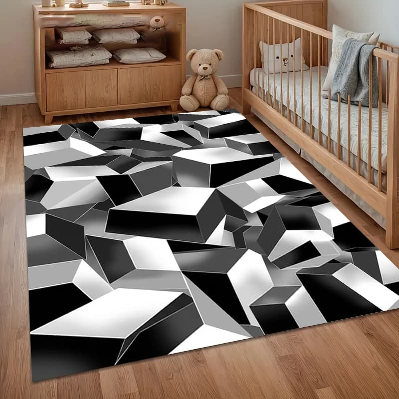 3D Geometric Carpet in Cube White and Black, Anti-slip, Durable to wear, Washable, for entrance, Living room, Bedroom, Modern Furniture