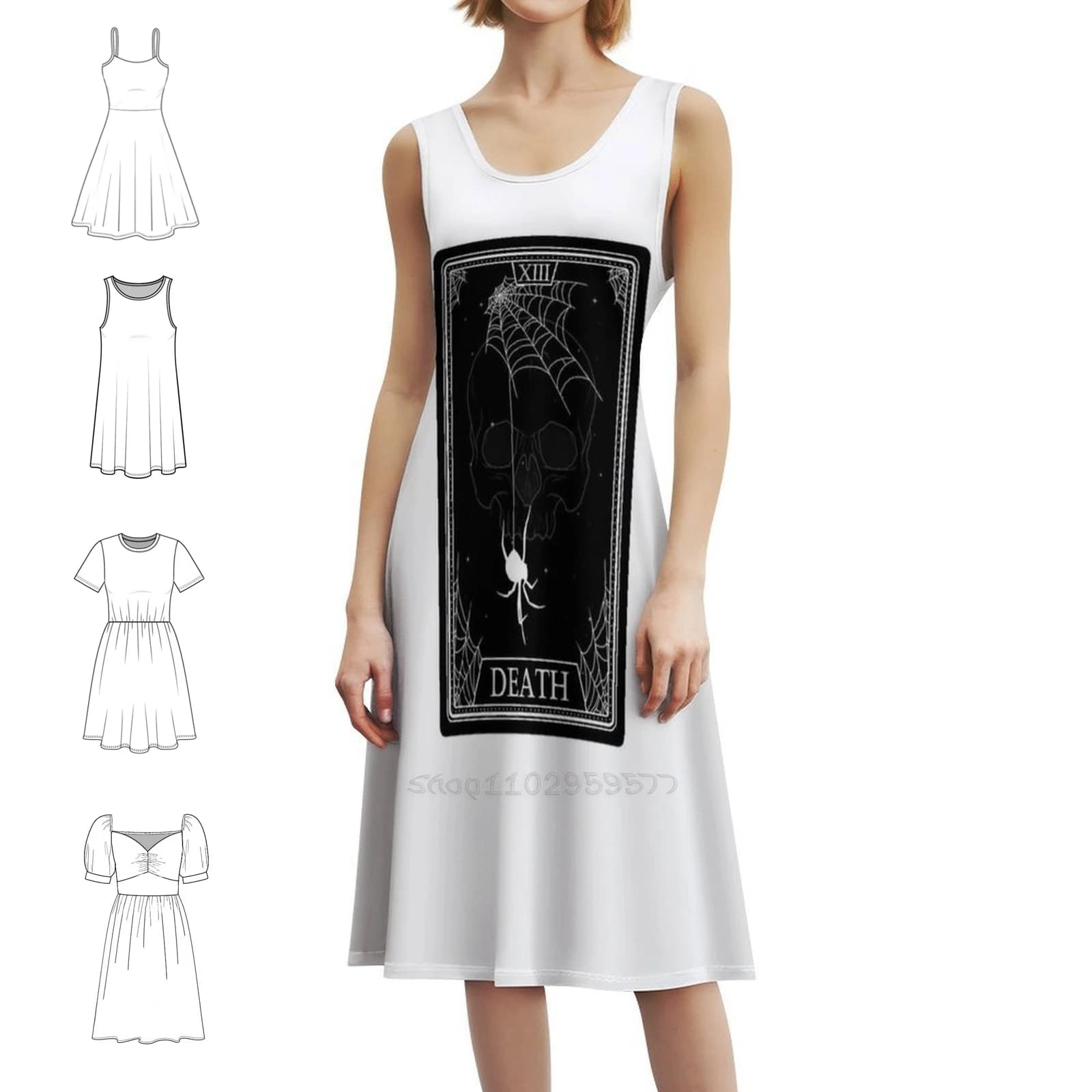 Tarocchi Carta Morte Boho Chic Abito Elegante Moda Spiaggia Abito da festa di nozze Tarocchi Tarotcard Morte Spider Web Abiti da festa con teschio