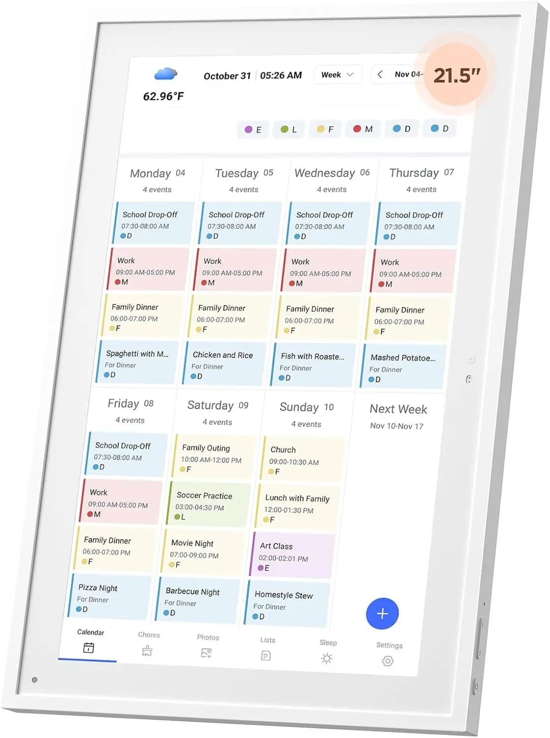 Calendario Digitale Intelligente da 21,5 Pollici con Pianificatore Pasti, Schermo Touch HD, Cornice Portafoto, Montabile a Parete