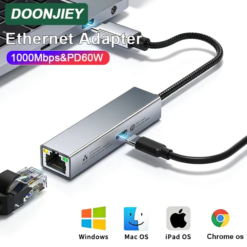 DOONJIEY Type-C to Ethernet Adapter Supports DP 60W Charging USB C to 1000M RJ45 Network Port Adapter For PC Notebook NAS Server