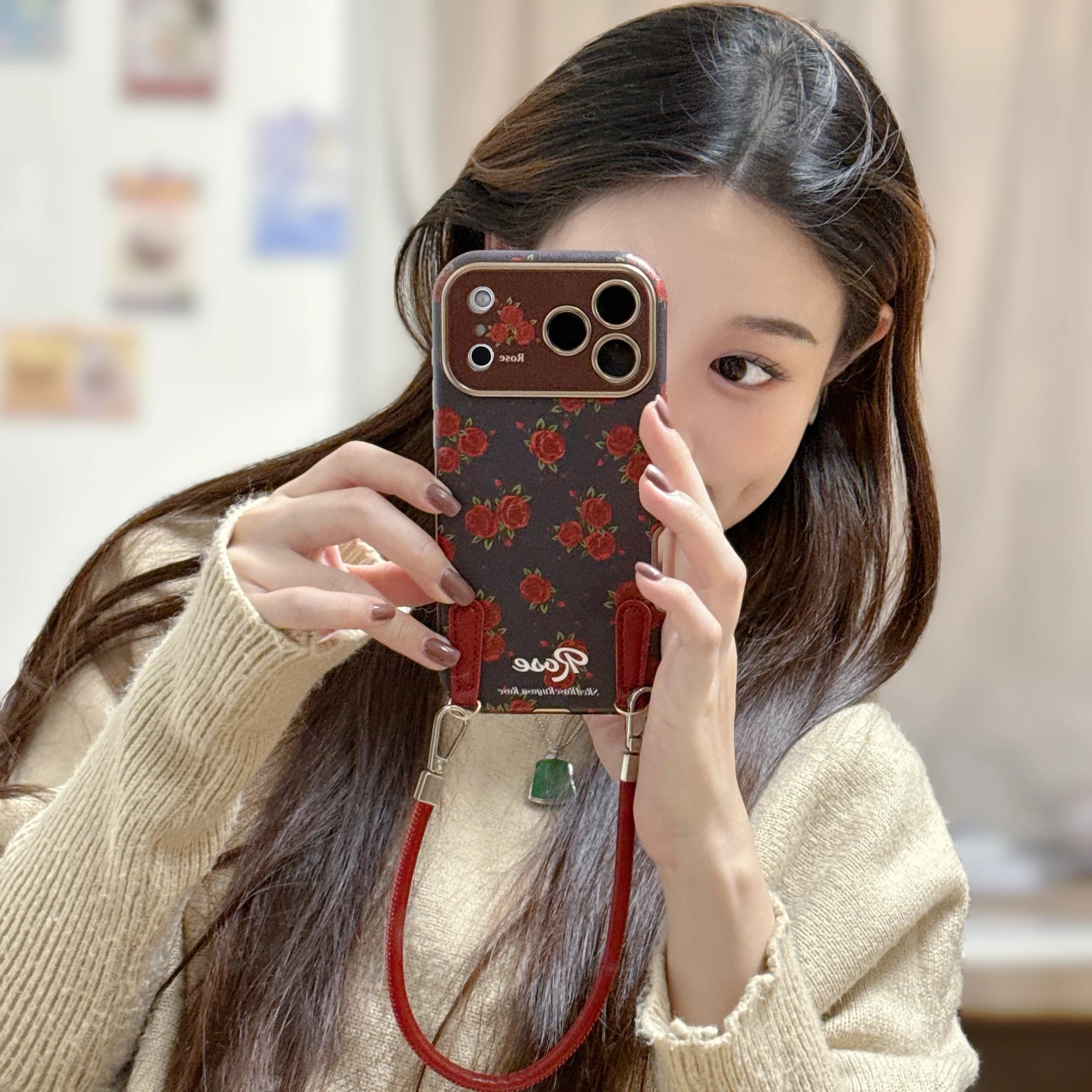 Fashionable red rose with lanyard phone case suitable for iPhone 17 17 Pro 17Promax 16 15 14 Promax shock-absorbing phone case