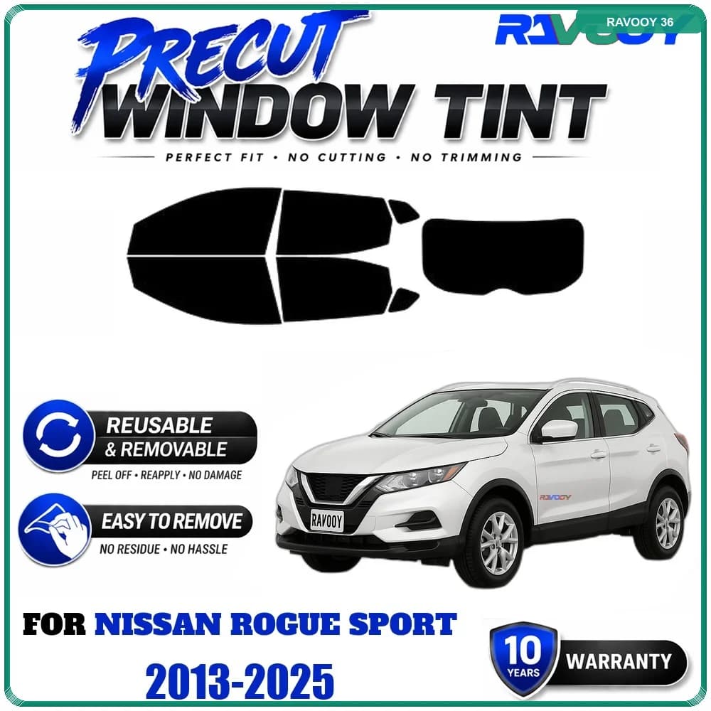 RAVOOY Precut Window Tint, Reusable Removable EPU Film, Custom Fit for Nissan ROGUE SPORT 2020-2025, UV Heat Protection