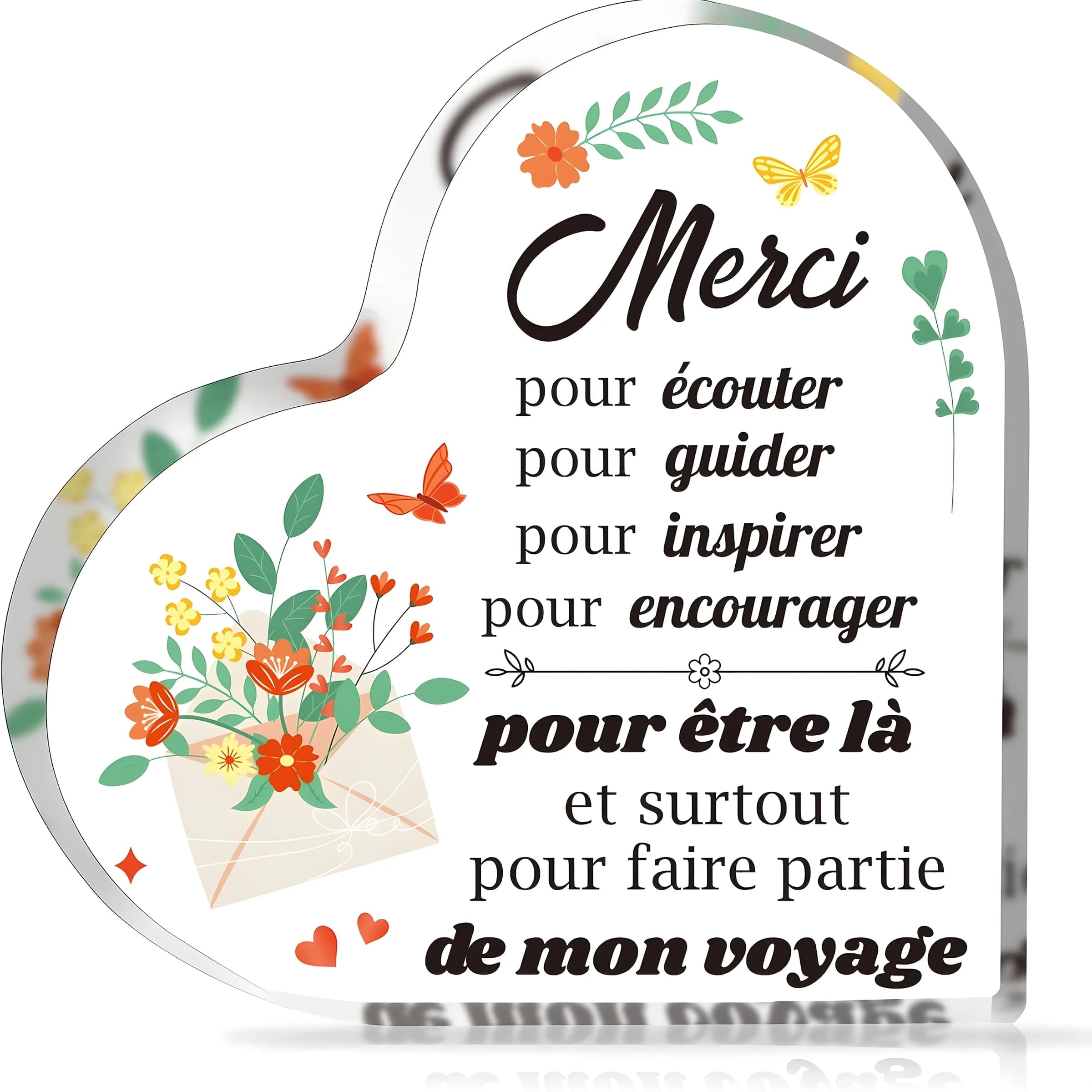 Orange Green Yellow Floral Butterfly Heart-Shaped "Thank You" Sign, 0.3mm Lightweight Acrylic Tabletop Decor for Teacher Classro