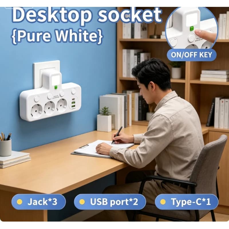 Multipresa Universale con Spina EU, 3/4/5 Prese a Muro con Caricatore USB, Interruttore Separato e Indicatore Luminoso