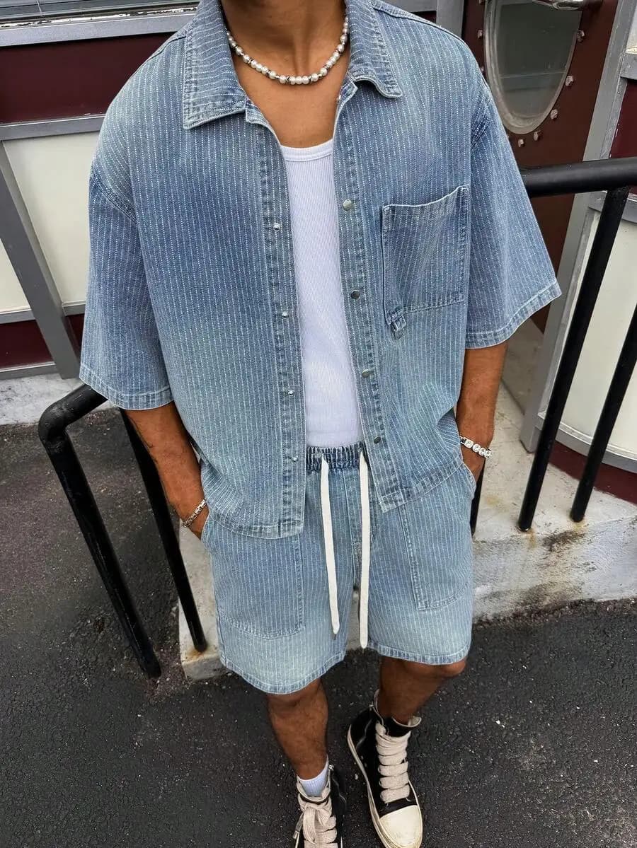 EMRG Men's Street Style Casual Striped Loose Blue Denim Short Sleeve Shorts Set