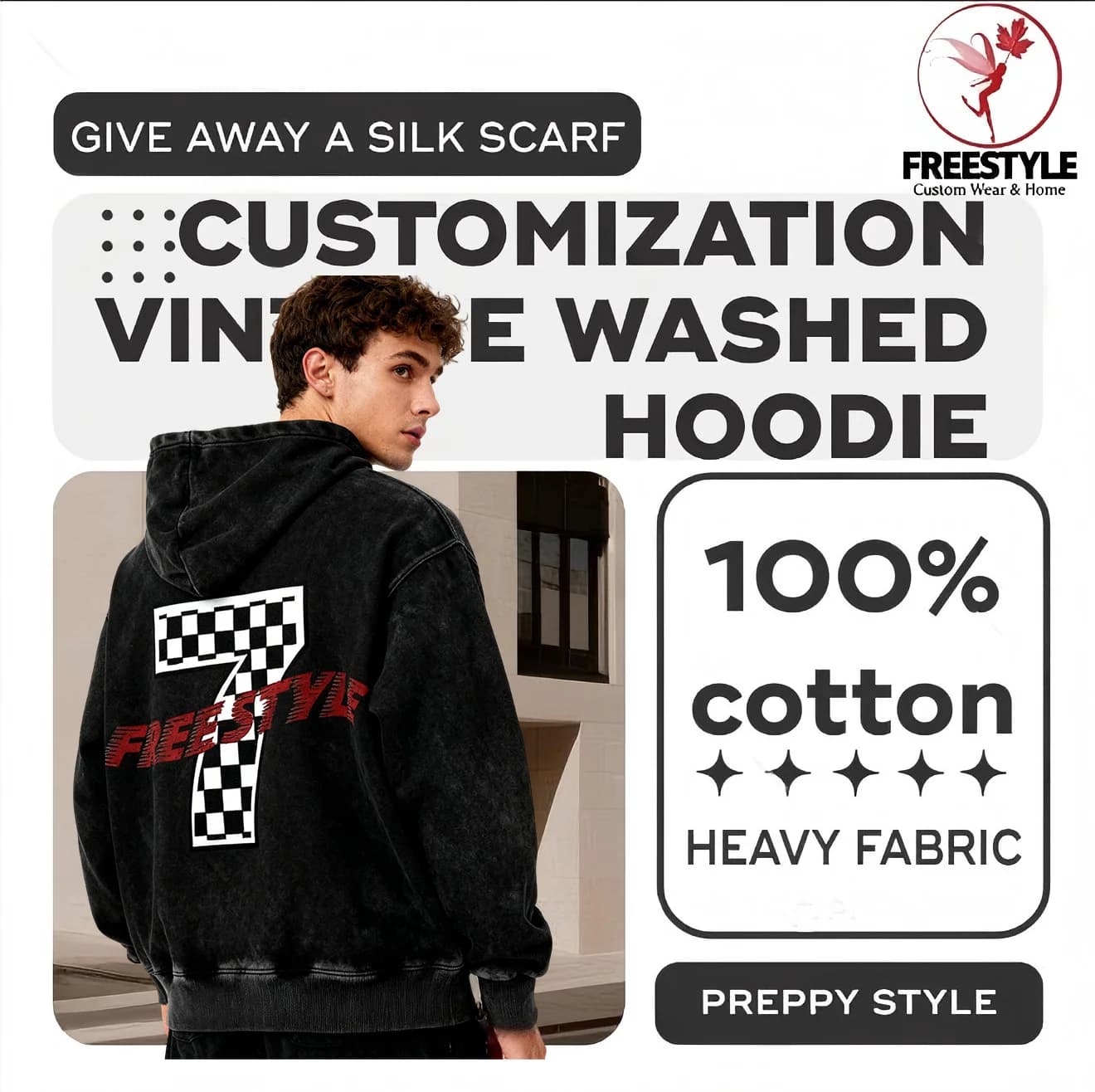 Custom washed vintage hoodie | College style model | Free scarf | unisex | pure cotton | Letter print | Daily clothing