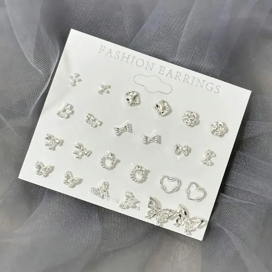 24pcs Zinc Alloy Light Color Bow Butterfly Heart Stud Earrings Set Fashion Daily Wear