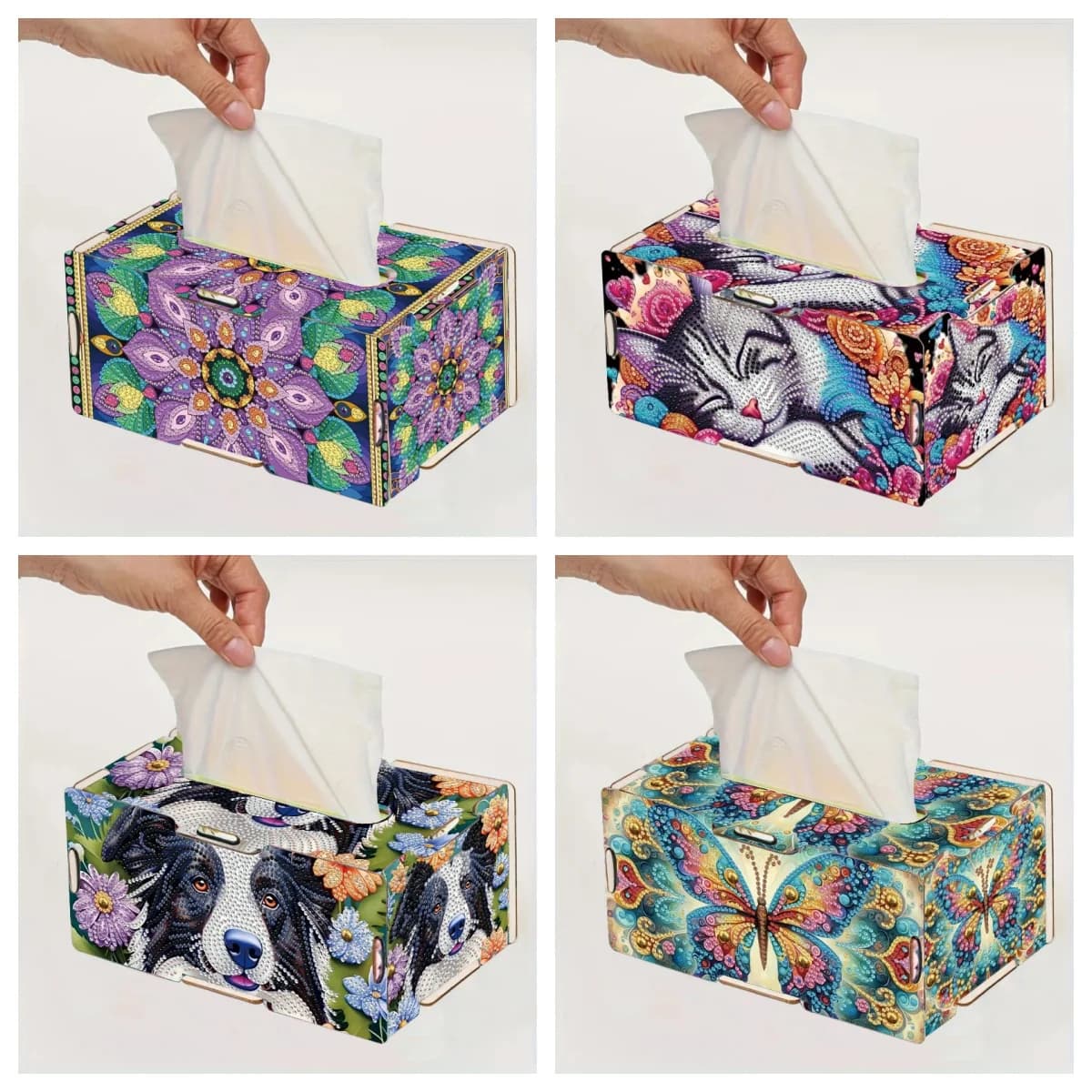 1 set di pittura diamante rotondo con motivo animale fai-da-te, pittura e giunzione scatola di fazzoletti di legno 3D