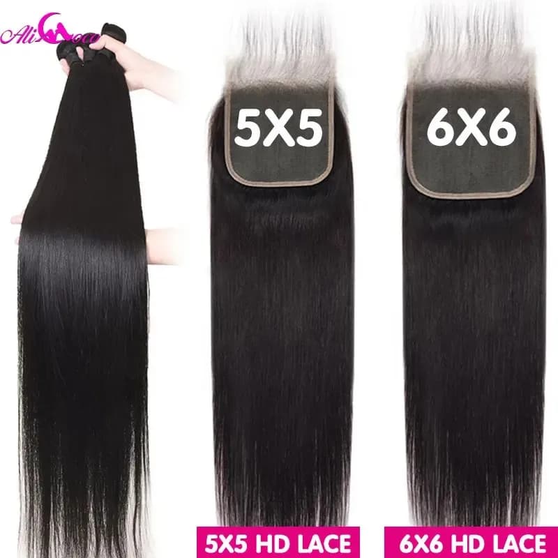 Ali Coco 28 30 40 inch smooth human hair bundles with lace closure Brazilian smooth hair bundles with 5x5 closure Remy hair