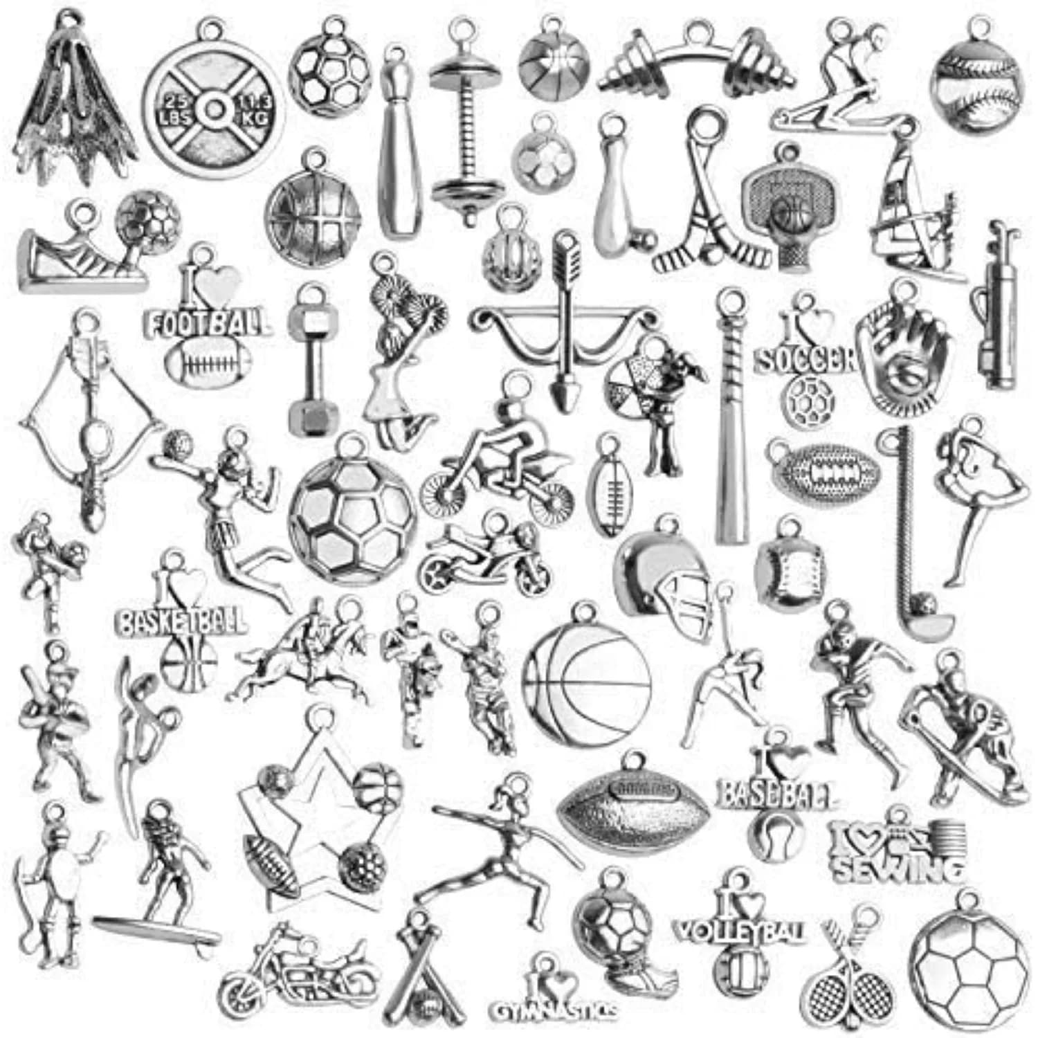 62 pezzi di ciondoli a tema sportivo in lega, gioco di palla, ciondoli sportivi, pendenti per collana fai da te, orecchini, bracciali, portachiavi, creazione di gioielli