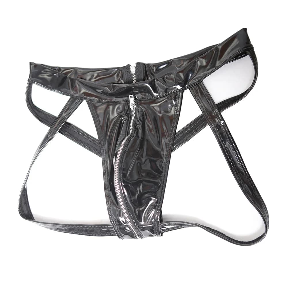 Men Sexy Briefs PU Leather T Shorts Straps Full Zip Crotch Black Stylish