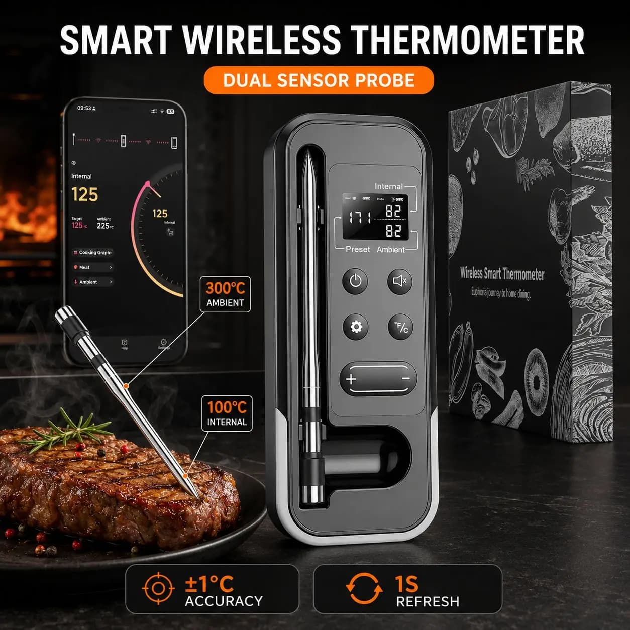 Wireless Bluetooth Meat Thermometer with Smart APP, LCD Base, Rechargeable Probe, for BBQ, Grill, Smoker