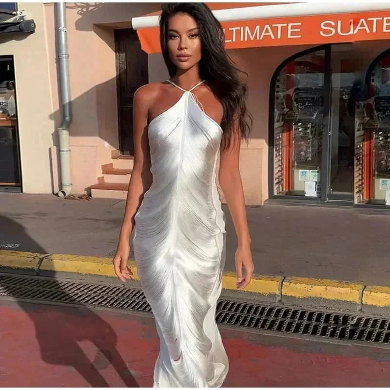 Elegant Tassel Shinny Back Slit Halter Evening Dress Women Sexy Off Shoulder Sleeveless Long Dresses Female Fashion Party Robes