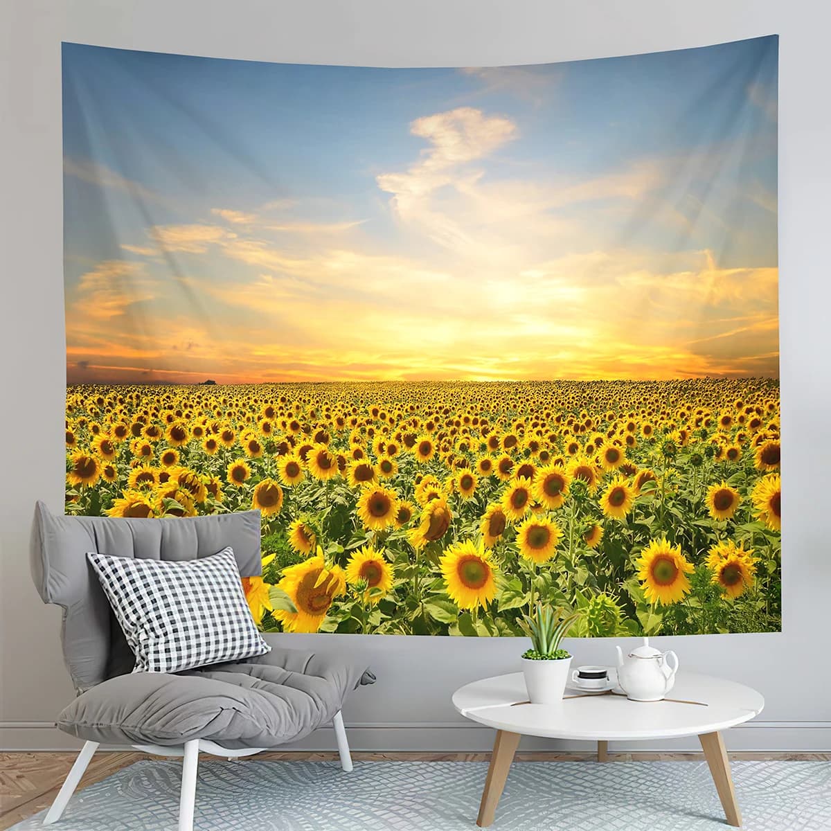Arazzo da campo con girasoli al tramonto, arazzo con piante floreali gialle calde, per la casa, soggiorno, camera da letto, dormitorio, coperta decorativa da appendere alla parete
