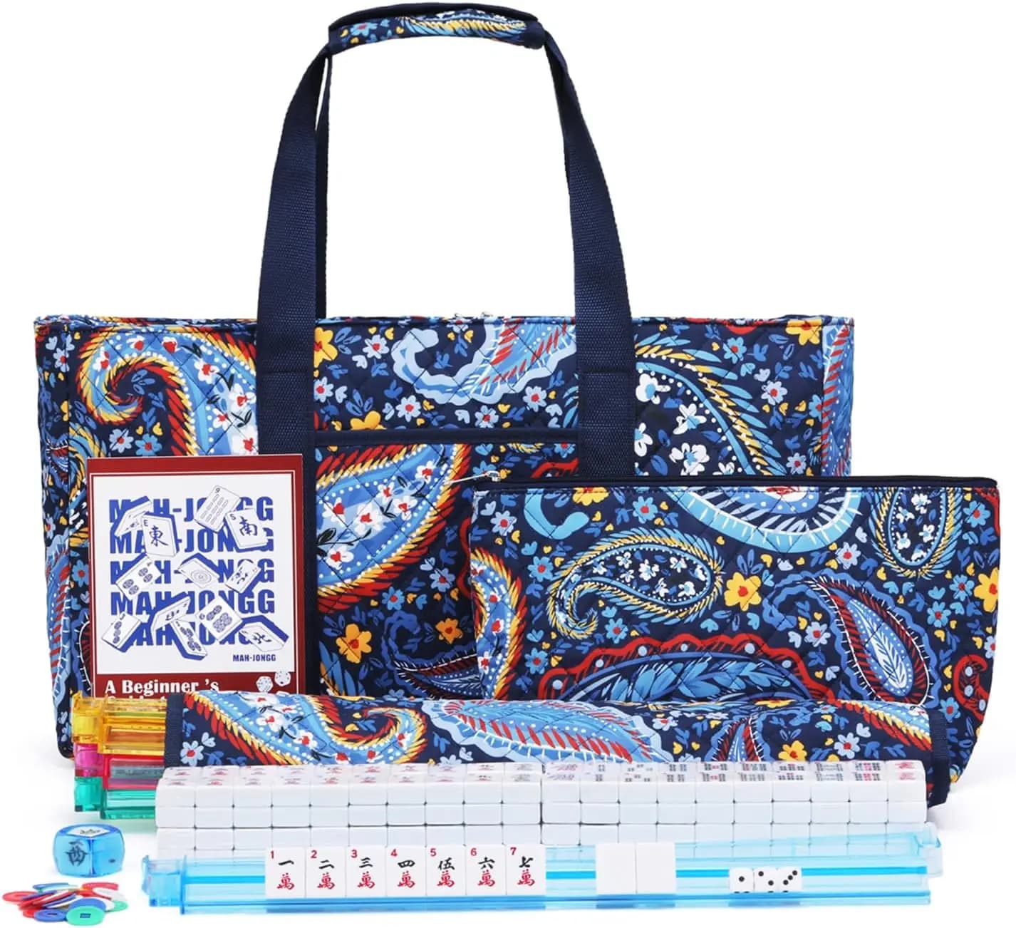 Set Completo di Mahjong con 166 Tessere Bianche, Borsa Blu Navy e Supporti per il Trasporto