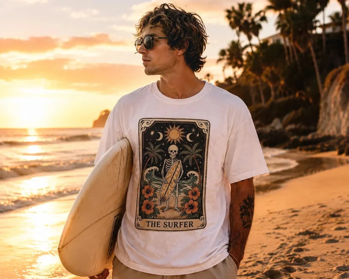 Skull Surfer T-shirt, Tarot Card T-shirt, Retro Surf Gift, Gothic Beach T-shirt, Surfing Gift, Coastal Style Pattern T-shirt