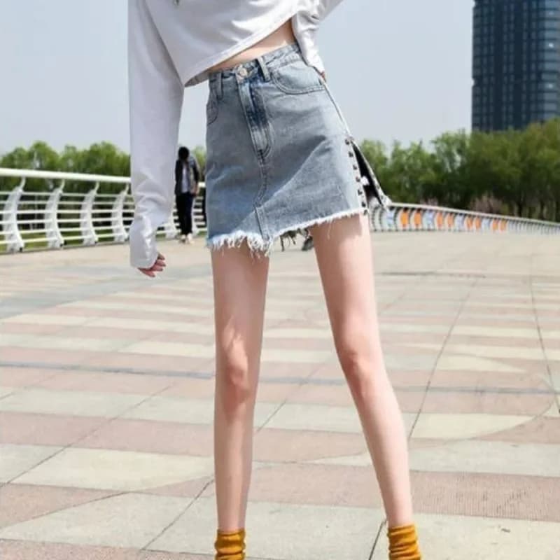 Women's Blue Chorts jeans skirts with slit trousers Korean style Shorts Elegant Luxury 2025 Trend Chic Summer V Women's jeans skirt