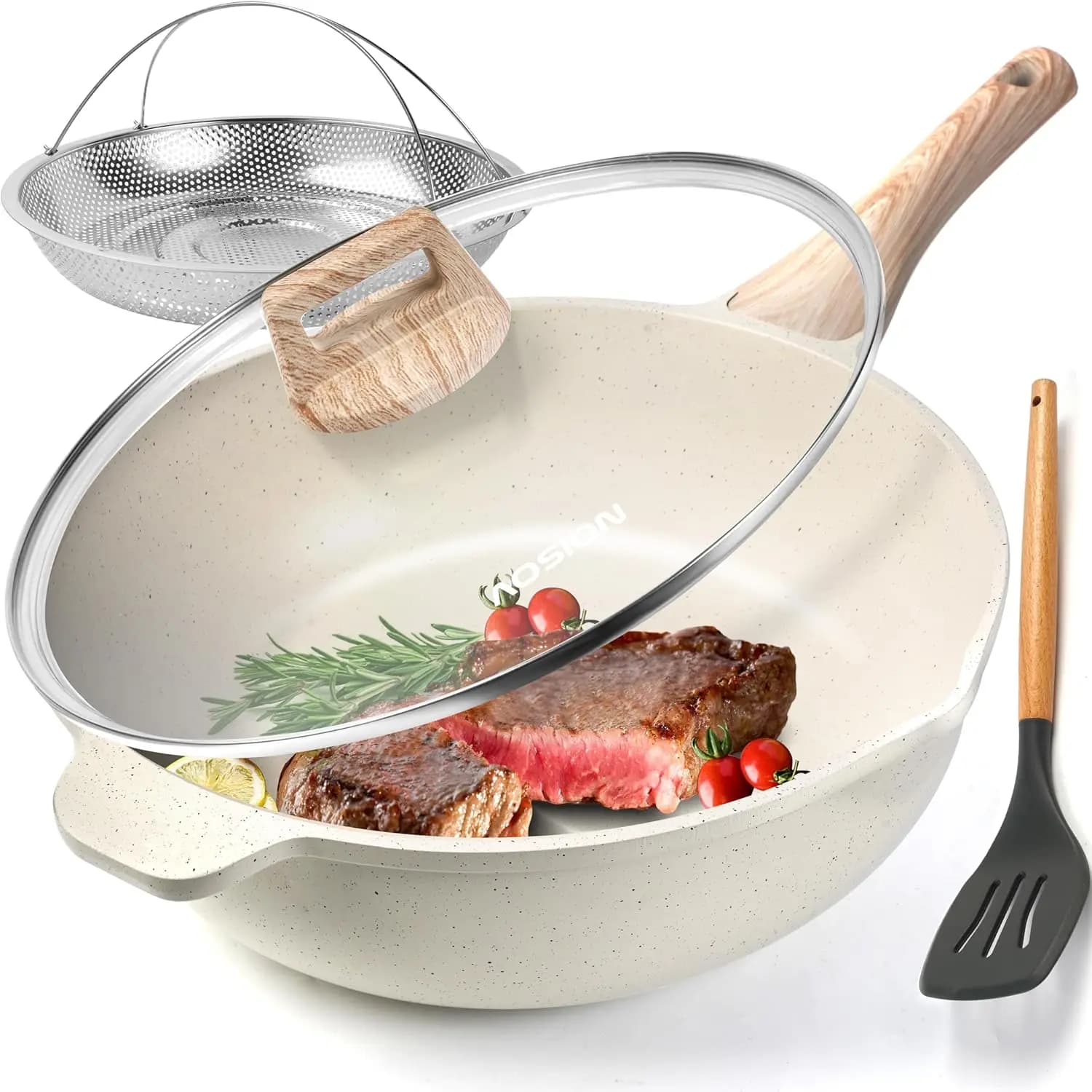 11 Inductive Ceramics Deep Plate with Cover, Steaming Grid, Insulating Handle, Compatible with Induction, Without PFOA