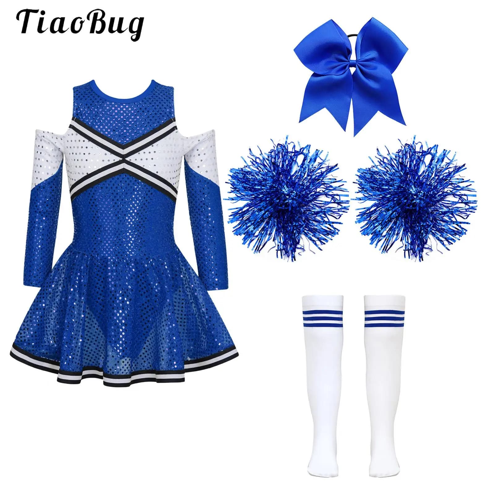 Costume da Cheerleader per Bambine, Abito con Paillettes a Maniche Lunghe e Spalle Scoperte, con Copricapo, Fiori e Calzini