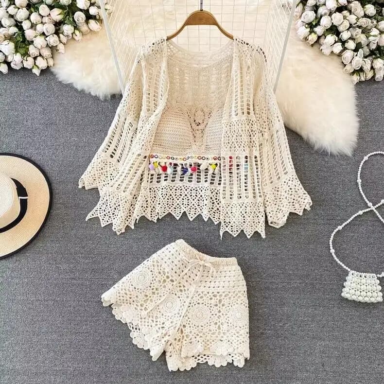 Set Costume da Bagno Donna per Vacanze al Mare, Cardigan Scavato con Protezione Solare, Gilet con Nappe a Collo Alto, Pantaloni a Vita Alta a Gamba Larga