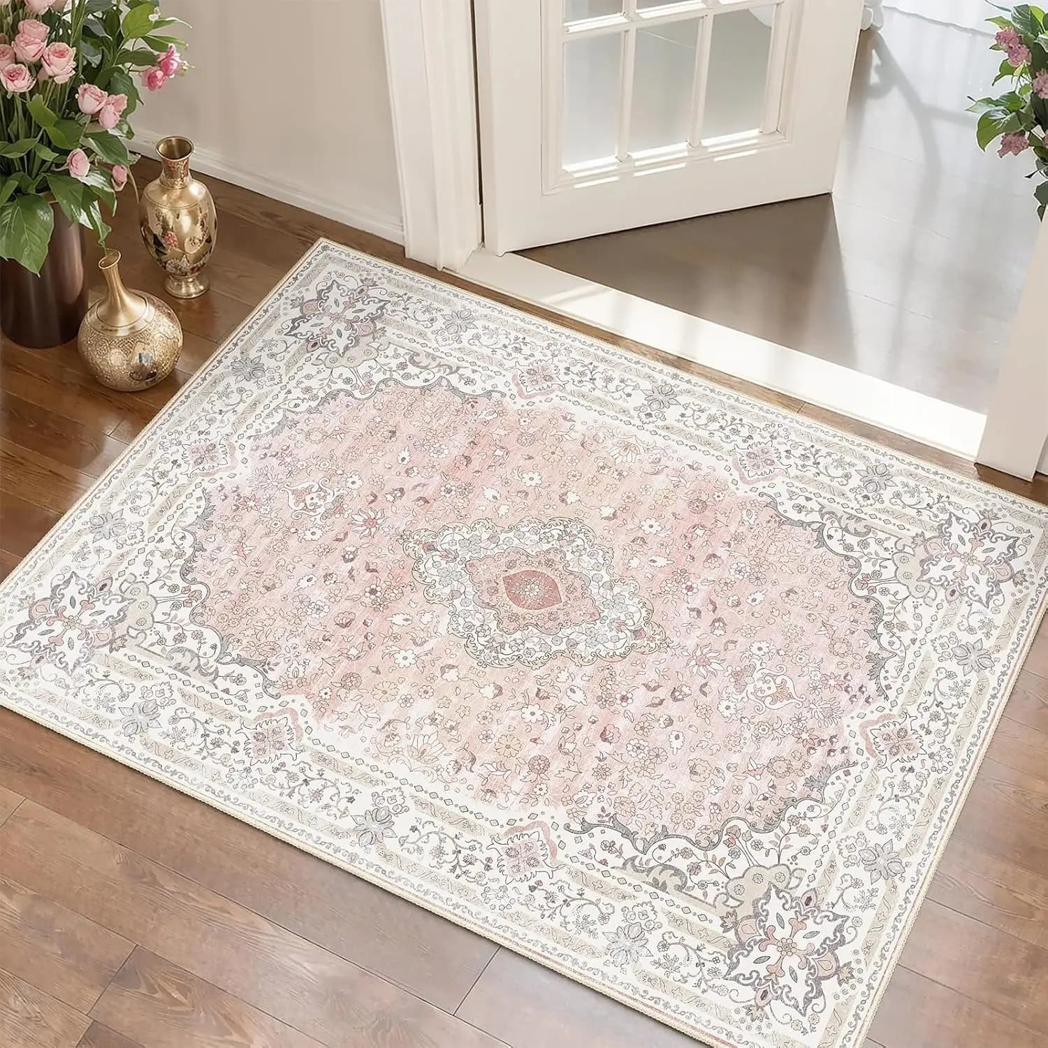Persian Floral Doormat Flannel Rectangle Dust Trapping Wear Resist Living Entrance Retro Luxury