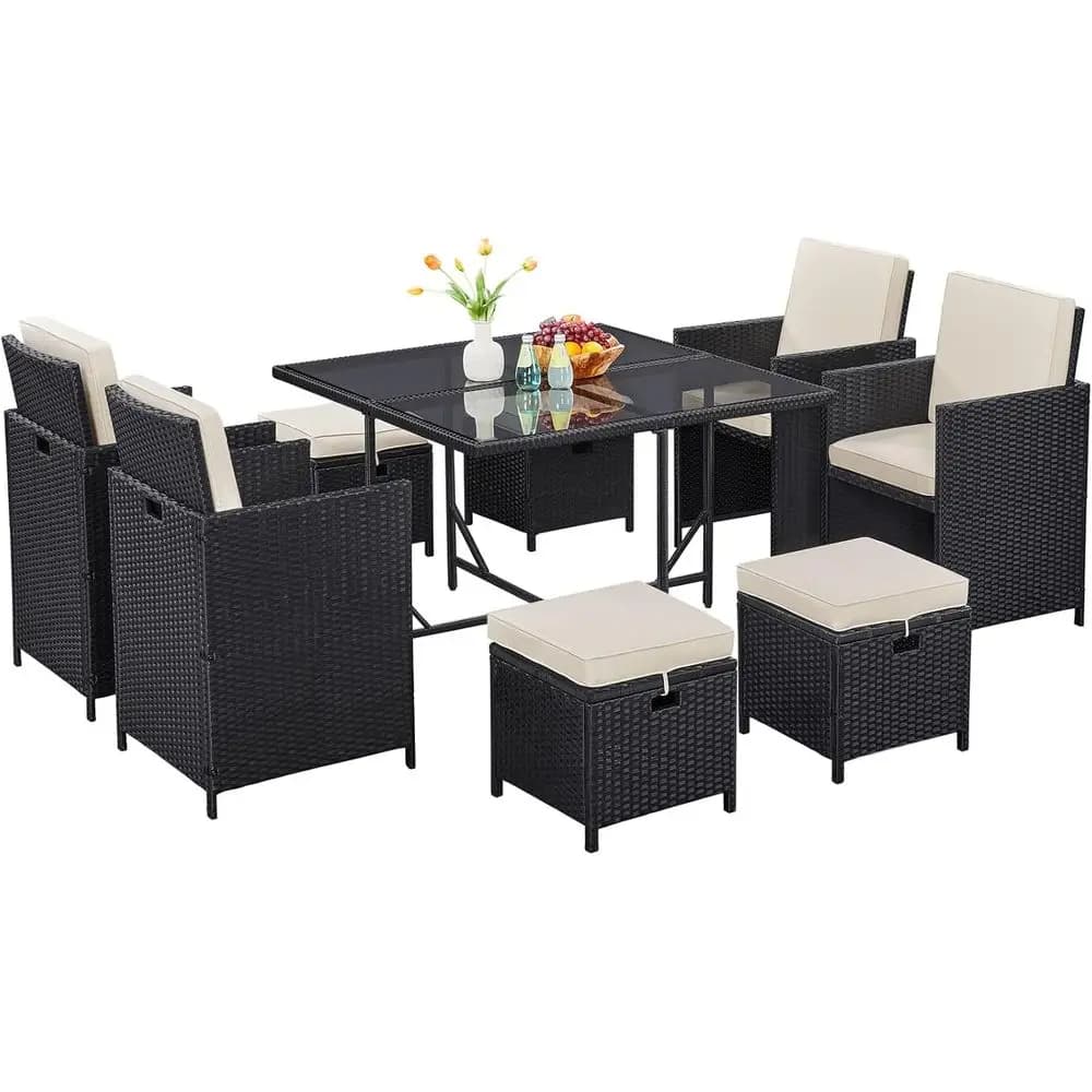 Set da Pranzo da Esterno Salvaspazio con Sedie in Rattan e Tavolo in Vetro, Mobili Sezionali in Vimini con Cuscini Rimovibili, Blu