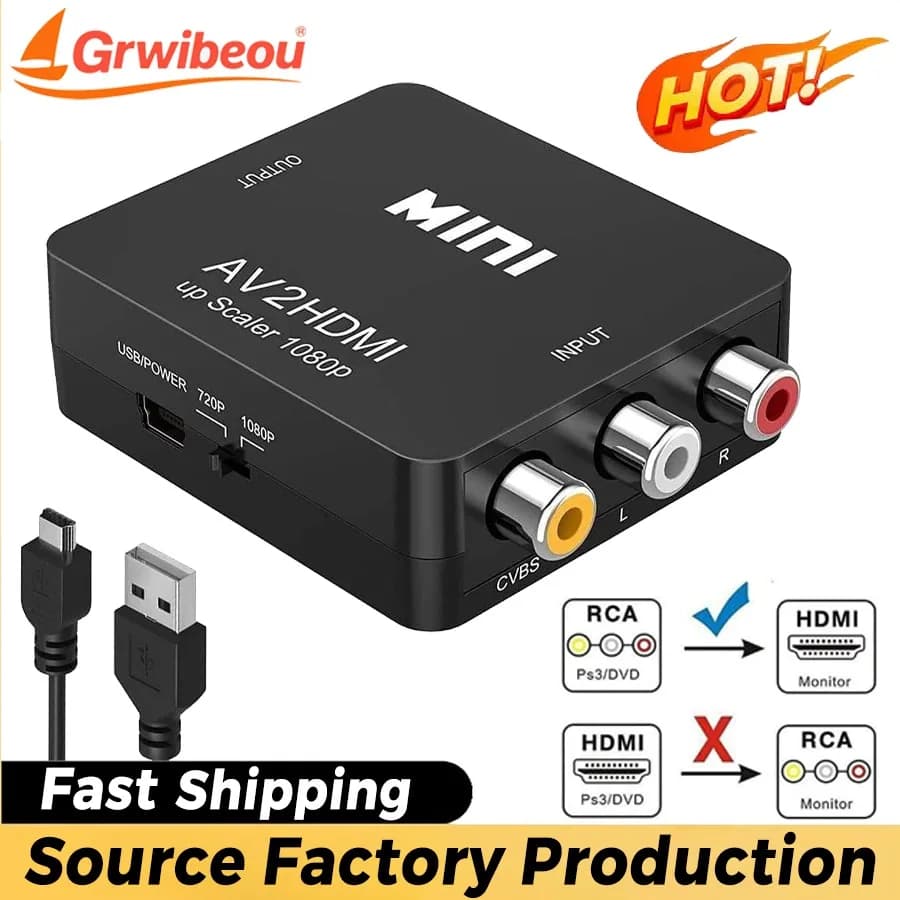 Adattatore compatibile Grwibeou RCA AV a HDMI Convertitore compatibile AV A HDMI AV/CVSB L/R Video Box Supporto HD Uscita NTSC PAL