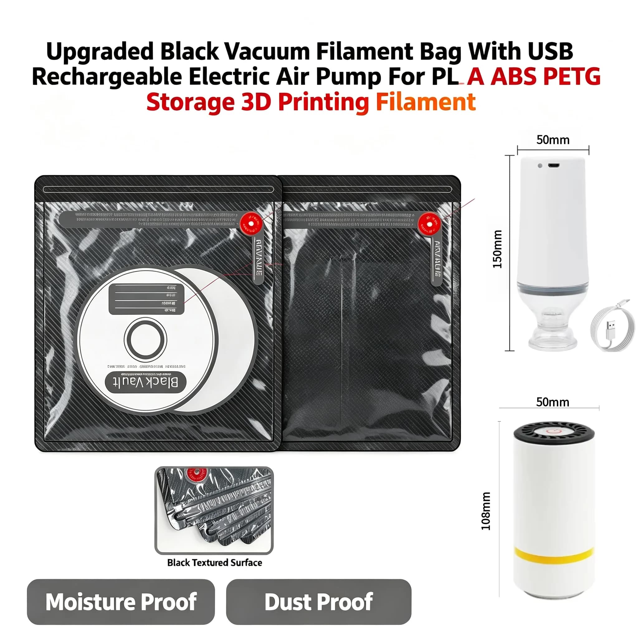 Upgraded Black Vacuum Filament Bag With USB Rechargeable Electric Air Pump For PLA ABS PETG Storage 3D Printing Filament 3D PART