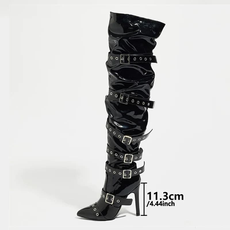 Style punk woman buckle strap on knee boots fashion zipper high thigh thigh tips stripper heels