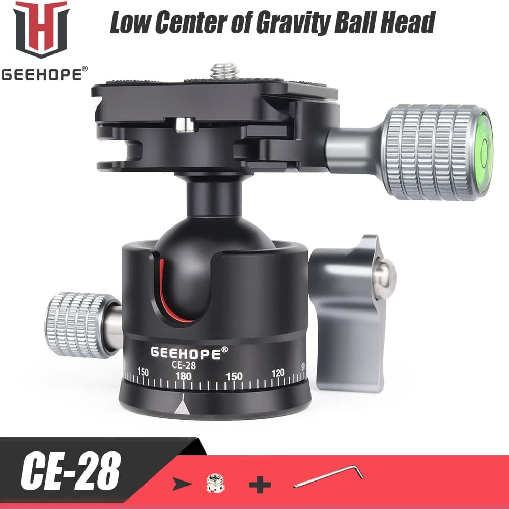 Geehope CE-28 Testa a sfera per treppiede a basso profilo Universale 360 Panoramica CNC Testa a sfera in metallo per fotocamera DSLR Monopiede Videocamera Carico 5 kg