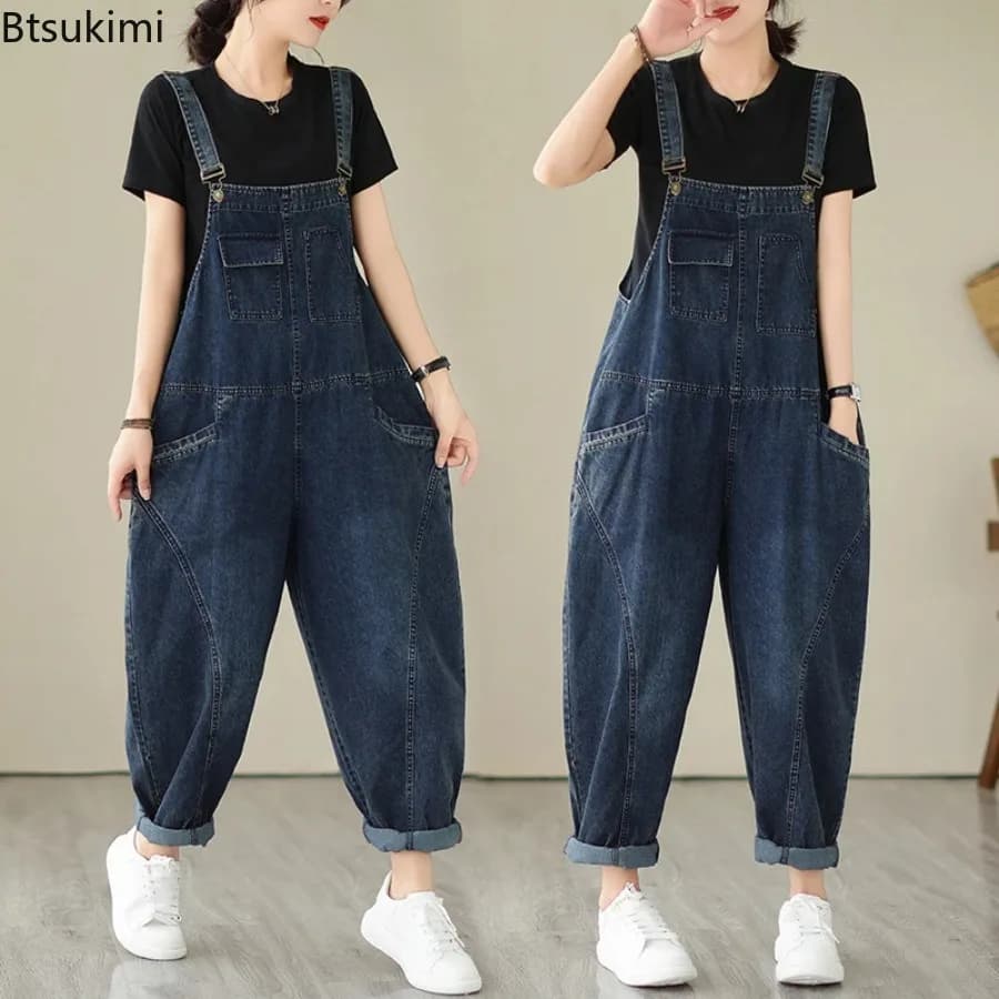 Spring Autumn Fashion Women's Multi Pocket Cargo Suspender Jeans Female Vintage Patchwork Denim Overalls Casual Loose Jumpsuits